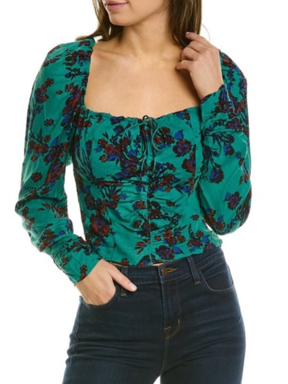 Free People Hilary Printed Keyhole Top in Teal Floral NWOT size Large
